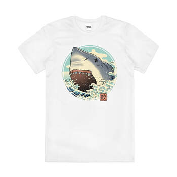 Shark Attack Great White Wave Kanagawa Cotton T-Shirt White Size 4XL