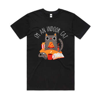 Indoor Cat Funny Pet Reading Book Slogan Cotton T-Shirt Black Size L