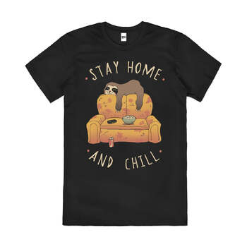 Stay at Home and Chill Lazy Sloth Slogan Cotton T-Shirt Black Size L