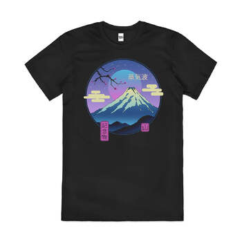 Vapour Landscape Mt Fuji Cool Neon Style Cotton T-Shirt Black Size L