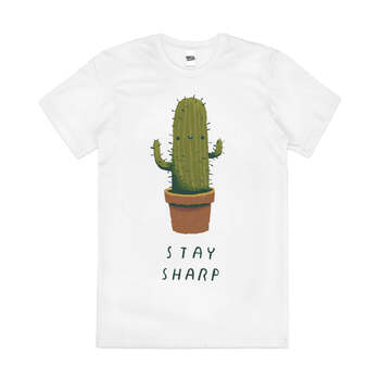 Stay Sharp Funny Cactus Plant Succulent Cotton T-Shirt White Size L