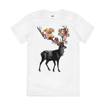 Spring Itself Deer Floral Animal Artsy Cotton T-Shirt White Size L