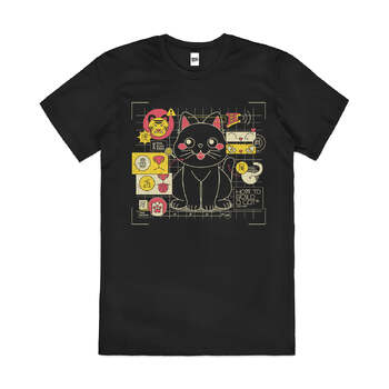 Japanese Cat Graph Kitten Artsy Animal Cotton T-Shirt Black Size M