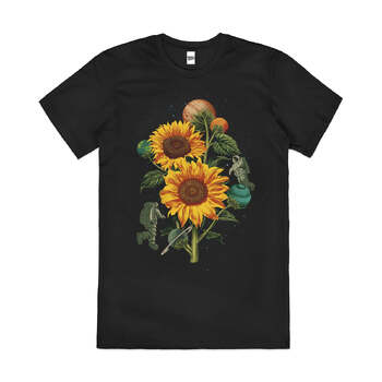 Sun Flowers Artsy Space Planets Astronaut Cotton T-Shirt Black Size S