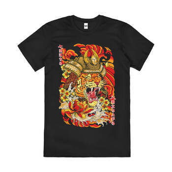 Shogun Japanese Tiger Animal Cotton Graphic T-Shirt Black Size S