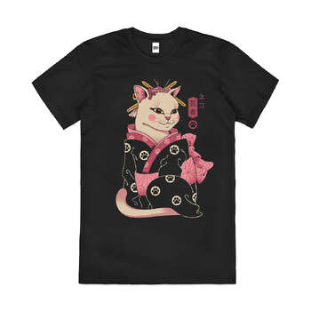 Neko Geisha Japanese Cat Kitty Artsy Cotton T-Shirt Black Size S