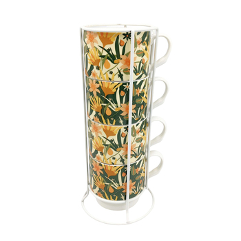 4pc Urban Cassia Floral Stacked 300ml Ceramic Mugs w/ Metal Rack - GRN/YLW