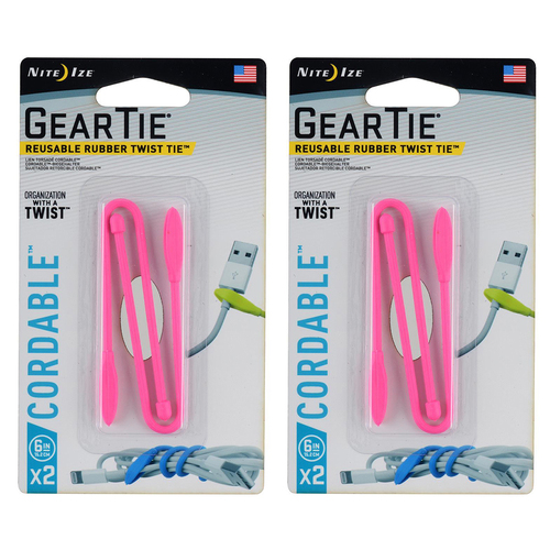 2x 2pc Nite Ize 6in Gear Tie Cordable Rubber Twist Organiser - Neon Pink