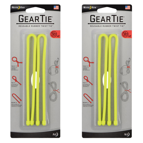 2x 2pc Nite Ize Gear Tie 12in Reusable Rubber Twist Organiser - Yellow