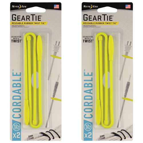 2x 2pc Nite Ize 12in Rubber Gear Tie Reusable Cordable Twist Organiser Yellow