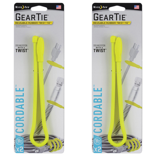 2x 2pc Nite Ize 18in Gear Tie Reusable Cordable Twist Organiser Neon Yellow