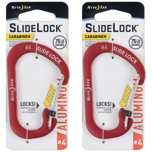 2PK Nite Ize Slidelock 8cm Aluminium #4 Carabiner - Red