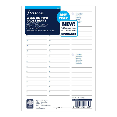 Filofax A5 Week on Two Pages Diary Refill Organiser