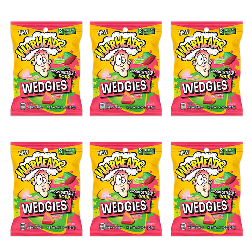 6PK Warheads Wedgies Assorted Flavour Sour Chewy Candy Bag 127g