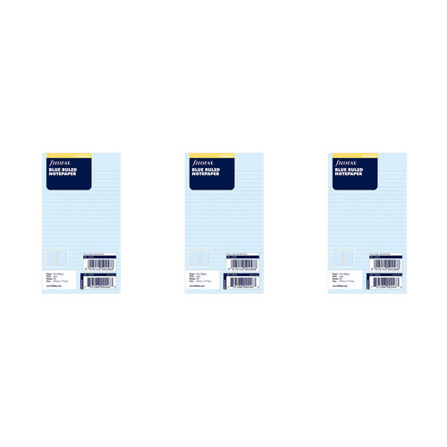 3x 30pc Filofax 17cm Personal Refill Ruled Notepaper Blue