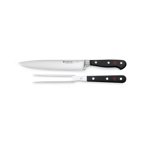 2pc Wusthof Classic S/S Straight Meat Fork & Carving Knife Set Black