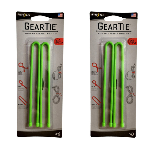 2x 2pc Nite Ize 12In Gear Tie Rubber Twist Organiser - Lime