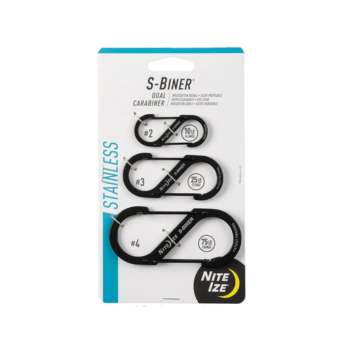 3pc Nite Ize S-Biner Stainless Steel Dual Carabiner Size 2/3/4 - Black