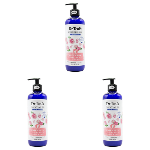 3PK Dr Teals 473ml Conditioner Smooth & Silky Rose Milk Essential Oils