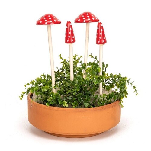 3x Garden Ceramic Mushroom Red Sticks Outdoor Decor - Assorted