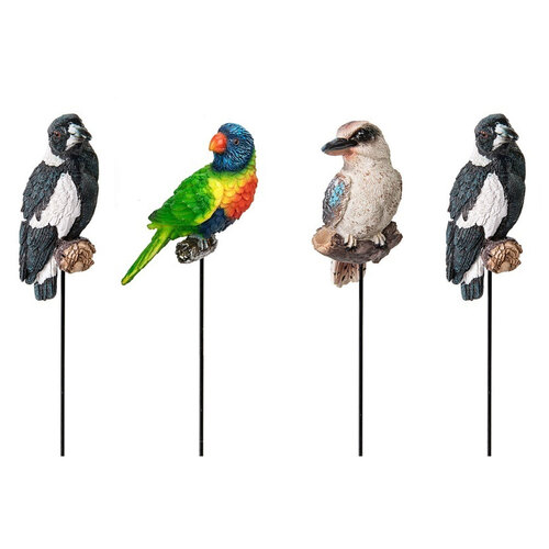 4x Aussie Bird on Stick 12cm Polyresin Garden Decor - Assorted