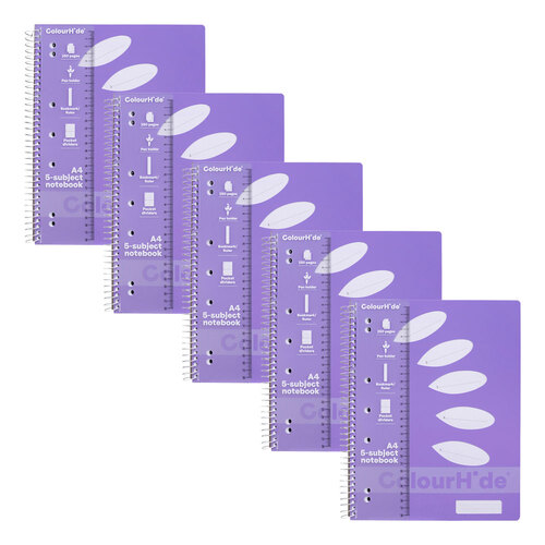 5pc Colourhide 5 Subject A4 Spiral Notebook 250-Pages Lavender