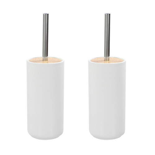 2x Boxsweden Bano 37.5x10.5cm Ceramic Toilet Brush Set w/ Bamboo Top - White