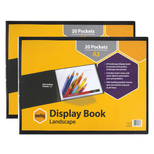 2PK Marbig Side-Loading 20-Pocket A3 Display Book Landscape - Black