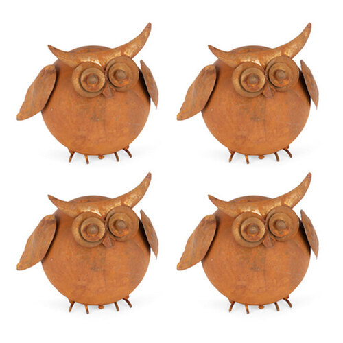 4x Round 7.5cm Owl Rust Metal Ornament Outdoor Decor - Small