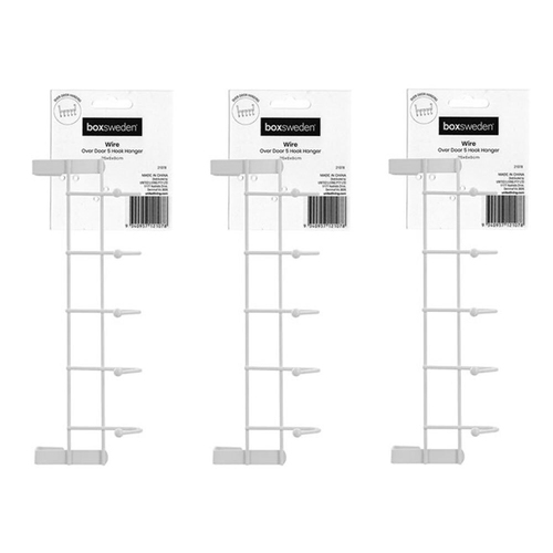 3PK Boxsweden Wire Over Door 5 Hook Hanger Organiser 25x6x9cm White