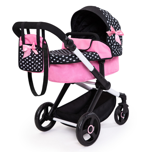 Bayer Xeo Compact Doll Pram Pink w/ White Hearts & Pink Bow Kids 3y+