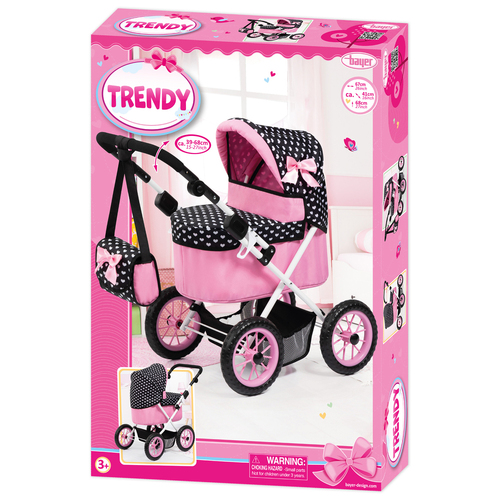 Bayer 68cm Trendy Folding Doll Pram Kids/Children Toy Black/Pink 3y+