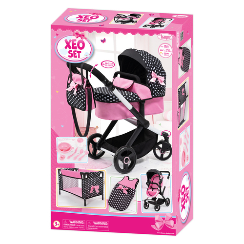 Bayer 71cm Xeo Mega Set Doll Pram w/ Bag Kids Toy Black/Pink 3y+