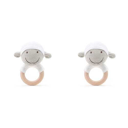 2PK The Peanutshell Lamb Wood Ring Teether 13x10cm White 0+