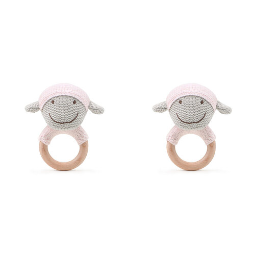 2PK The Peanutshell Lamb Wood Ring Teether 13x10cm Pink 0+