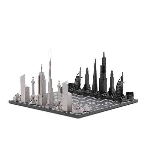 33pc Skyline Chess World Icons Edition Wood Grid Board Chess Set