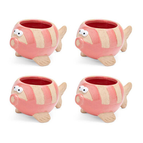 4x Fish Stoneware 11cm Pot Planter Garden Decor Small - Pink