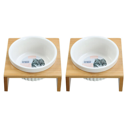 2x Paws & Claws 13x12cm/300ml Ceramic Pet Cat Bowl Bamboo Base