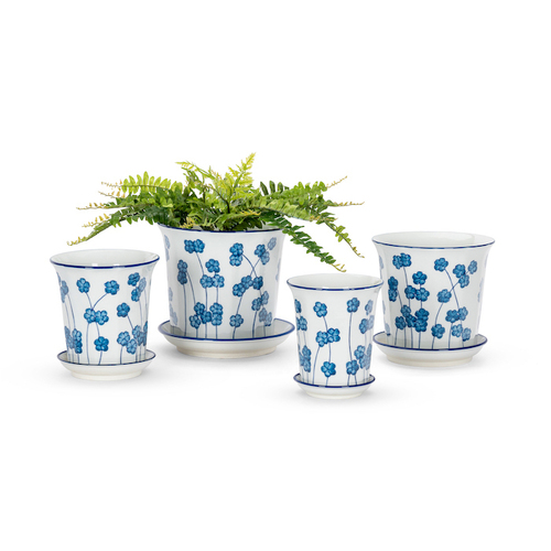 4pc Fluted Flowers Pot Planter w/ Saucer - Mid Blue/White