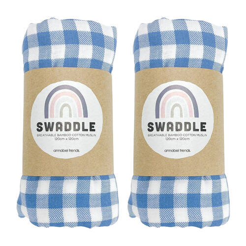 2PK Annabel Trends Muslin Baby/Toddler Swaddle 120cm - Gingham Blue