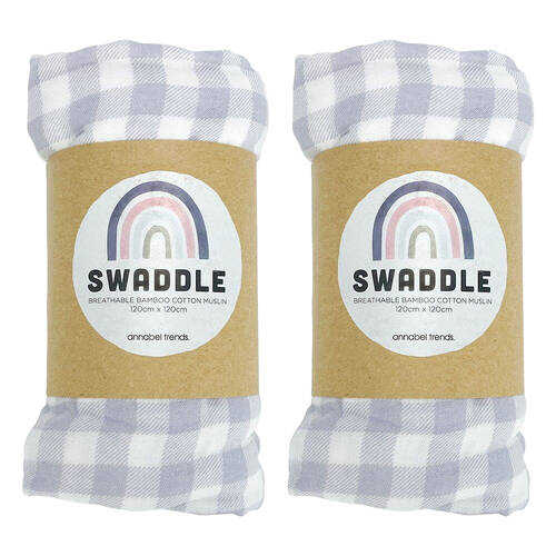 2PK Annabel Trends Muslin Baby/Toddler Swaddle 120cm - Gingham Cool Grey