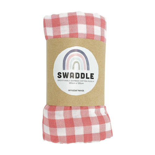 Annabel Trends Muslin Baby/Toddler Swaddle 120cm - Gingham Rhubarb