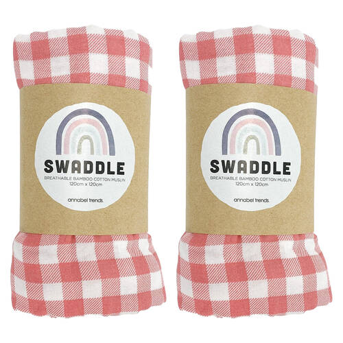 2PK Annabel Trends Muslin Baby/Toddler Swaddle 120cm - Gingham Rhubarb