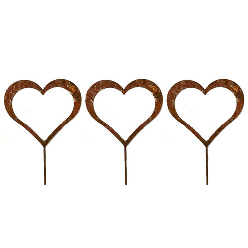 3x Stick Rust 20cm Heart Frame Ornament Garden Decor Large - Brown