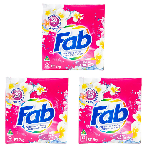 3PK Fab Laundry Powder Fresh Frangipani Front + Top Loader Clean Formula 2kg