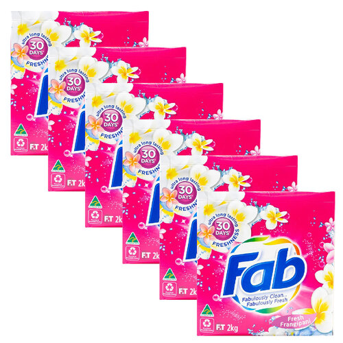 6PK Fab Laundry Powder Fresh Frangipani Front + Top Loader Clean Formula 2kg