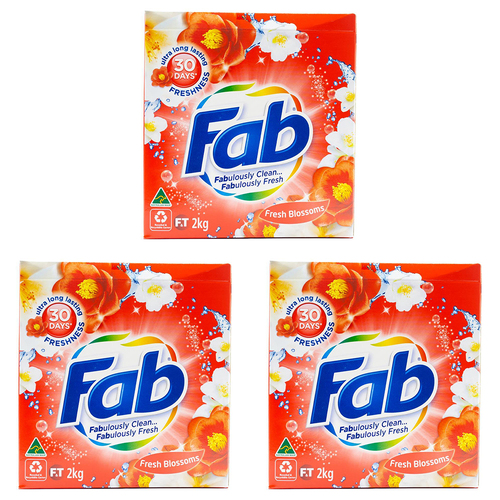 3PK Fab Laundry Powder Front & Top Loader Fresh Blossoms Cleans Well 2kg