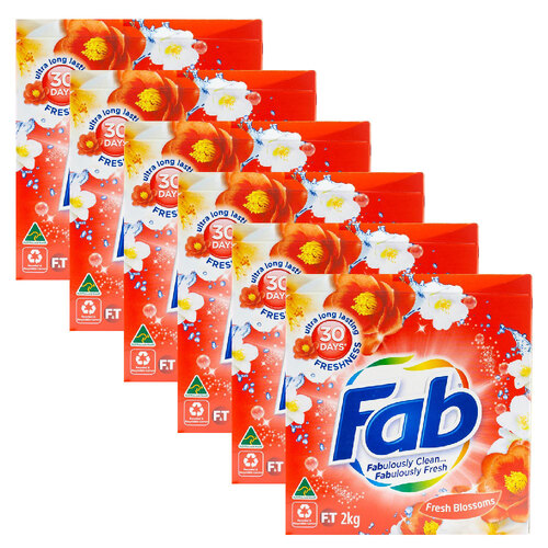 6PK Fab Laundry Powder Front & Top Loader Fresh Blossoms Cleans Well 2kg