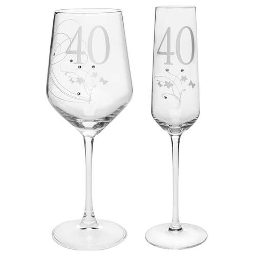 2pc Gibson Gifts 40 Birthday Crystal Wine & Champagne Glass Combo Set Clear