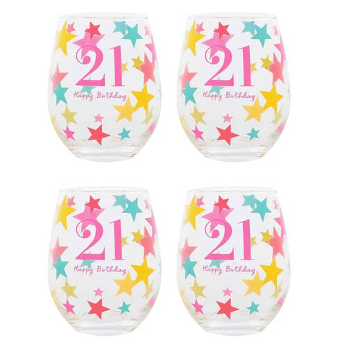 4PK Gibson Gifts 21 Birthday Party Stemless Glass Tumbler